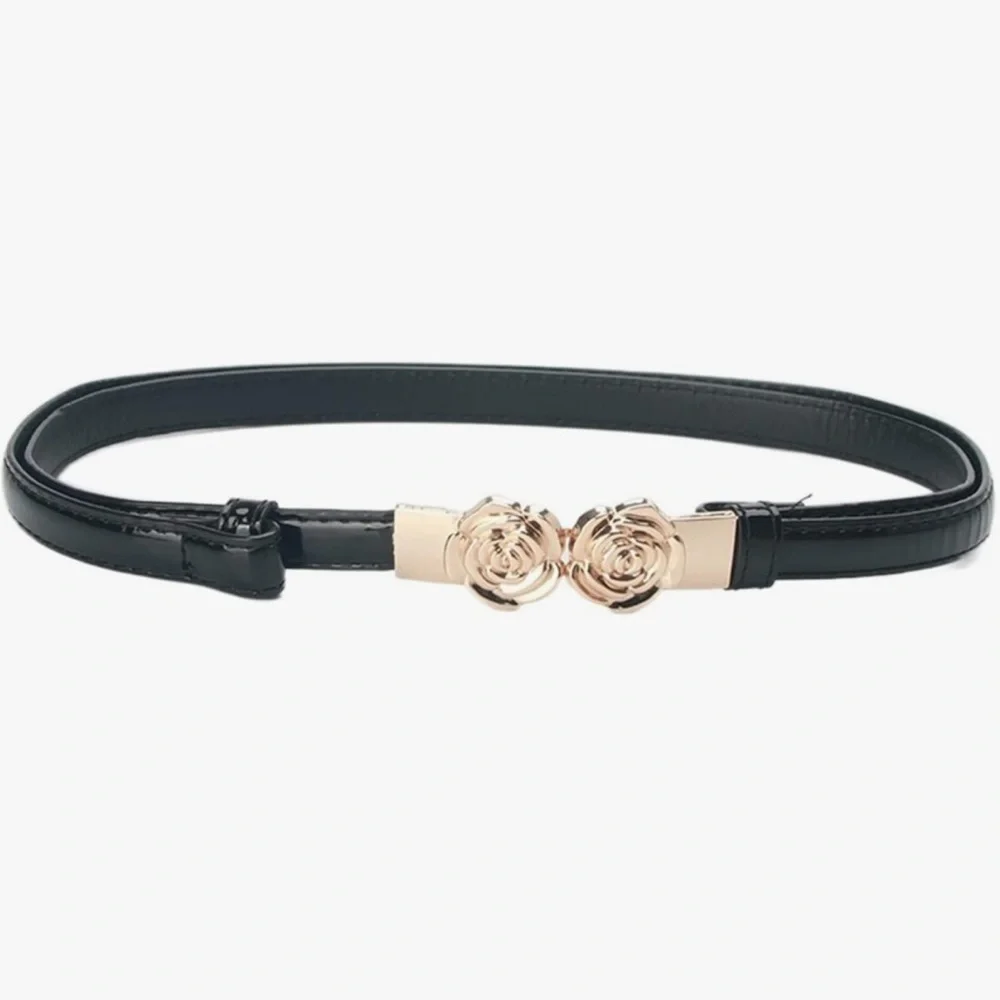 NEW| Women’s Black Vintage Rose Buckle Matte Skinny Belt - Picture 4 of 6